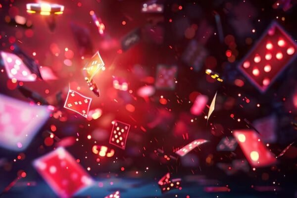 um fundo vermelho e preto com cartas de jogo voando no ar brilhando com efeitos de luz rosa 1175634 10489