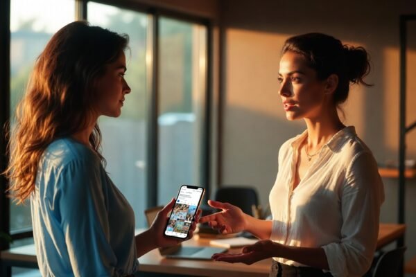 Aline Bandeira e Fernanda Merlim em ambiente profissional, transmitindo autoridade e clareza para o curso de redes sociais em Itapema.