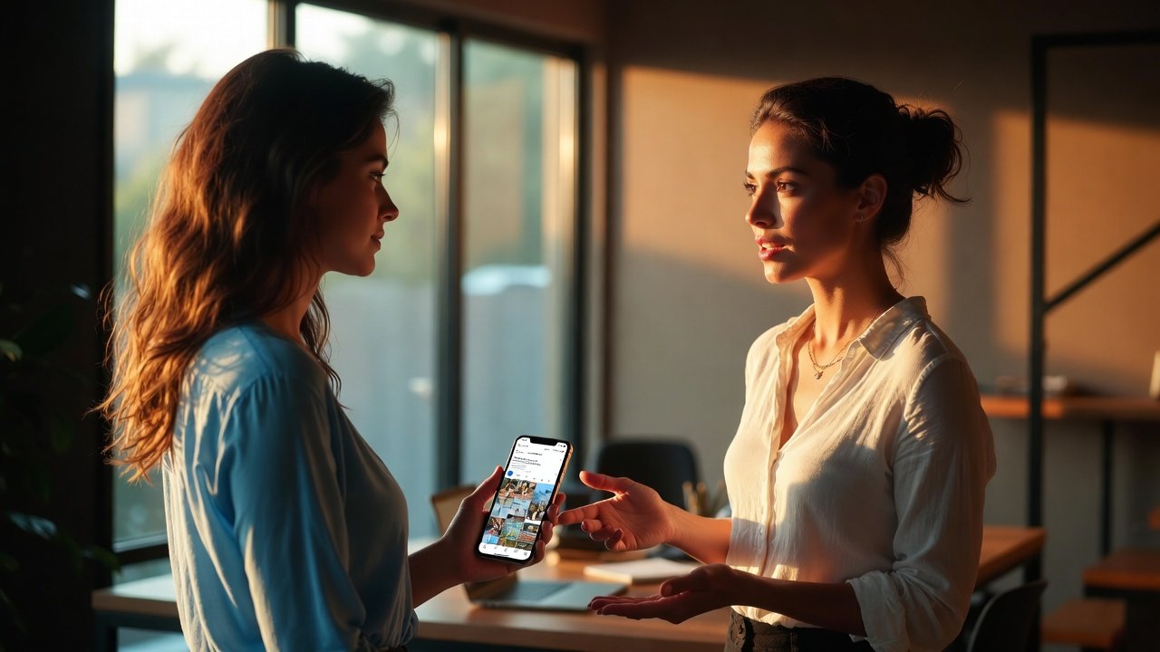 Aline Bandeira e Fernanda Merlim em ambiente profissional, transmitindo autoridade e clareza para o curso de redes sociais em Itapema.