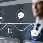 Dashboard com linha do tempo conectando histórico de ligações, chat e e-mail. com visão unificada de dados.