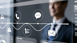 Dashboard com linha do tempo conectando histórico de ligações, chat e e-mail. com visão unificada de dados.