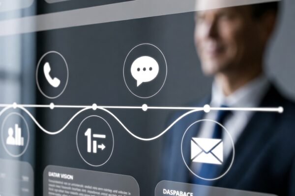 Dashboard com linha do tempo conectando histórico de ligações, chat e e-mail. com visão unificada de dados.