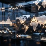 Sala de monitoramento executiva sofisticada com telas translúcidas exibindo fluxos de dados globais, iluminação minimalista em tons de azul e dourado.