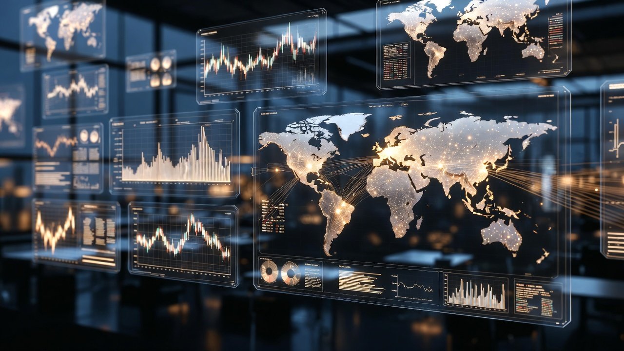Sala de monitoramento executiva sofisticada com telas translúcidas exibindo fluxos de dados globais, iluminação minimalista em tons de azul e dourado.