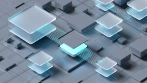 Interface digital moderna representando blocos de dados translúcidos se conectando harmoniosamente em um núcleo central, fundo técnico em tons de cinza espacial e azul elétrico.