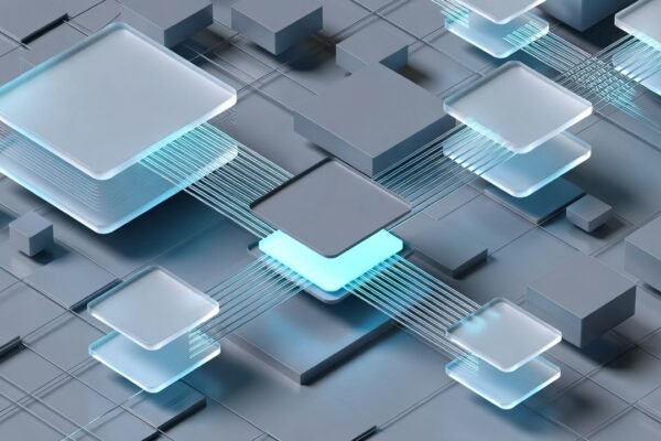 Interface digital moderna representando blocos de dados translúcidos se conectando harmoniosamente em um núcleo central, fundo técnico em tons de cinza espacial e azul elétrico.