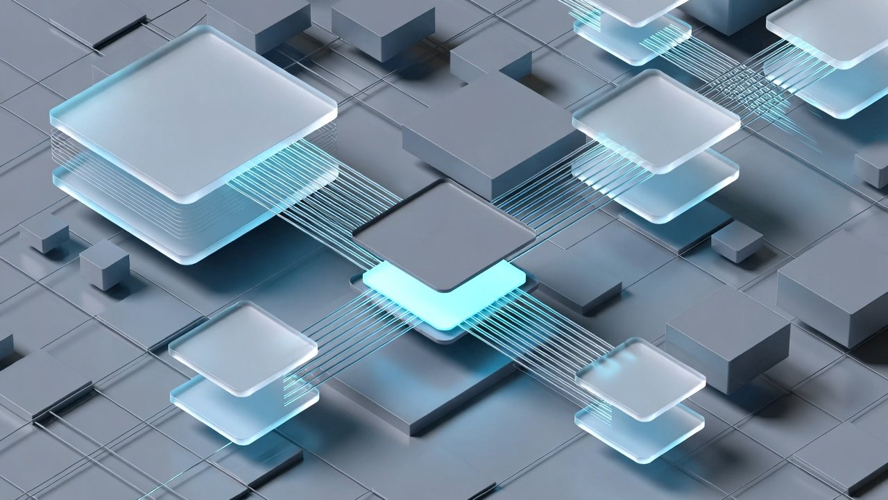 Interface digital moderna representando blocos de dados translúcidos se conectando harmoniosamente em um núcleo central, fundo técnico em tons de cinza espacial e azul elétrico.