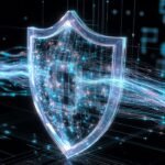 Escudo digital translúcido protegendo fluxos de dados corporativos, luzes neon azuis e brancas, ambiente tecnológico minimalista e seguro.
