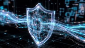 Escudo digital translúcido protegendo fluxos de dados corporativos, luzes neon azuis e brancas, ambiente tecnológico minimalista e seguro.