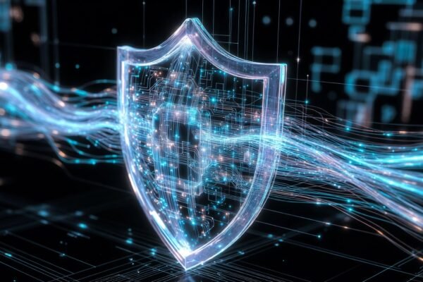 Escudo digital translúcido protegendo fluxos de dados corporativos, luzes neon azuis e brancas, ambiente tecnológico minimalista e seguro.