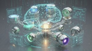 Um núcleo central dourado conectando diversos motores tecnológicos representados por esferas de luz diferentes, transmitindo ideia de hub, controle e equilíbrio, ambiente futurista e limpo.