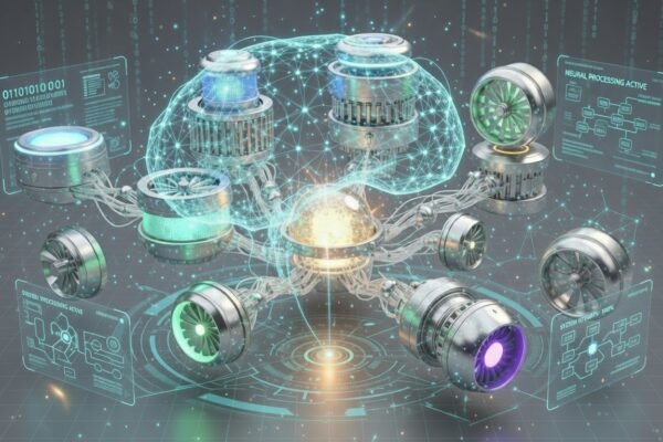 Um núcleo central dourado conectando diversos motores tecnológicos representados por esferas de luz diferentes, transmitindo ideia de hub, controle e equilíbrio, ambiente futurista e limpo.