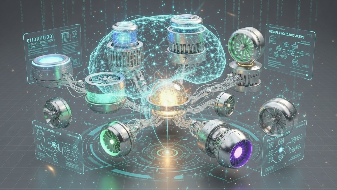 Um núcleo central dourado conectando diversos motores tecnológicos representados por esferas de luz diferentes, transmitindo ideia de hub, controle e equilíbrio, ambiente futurista e limpo.