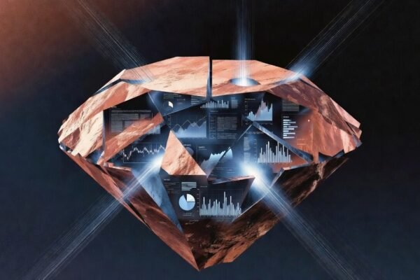Um diamante bruto sendo lapidado por luzes digitais, onde cada faceta revela dados internos da empresa (gráficos, textos de chat), fundo minimalista em tons de cobre e azul escuro.
