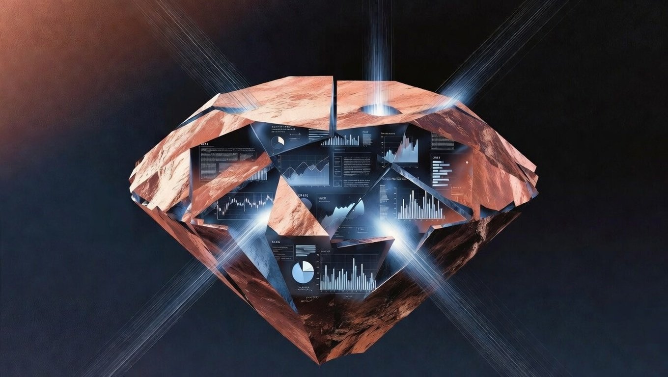Um diamante bruto sendo lapidado por luzes digitais, onde cada faceta revela dados internos da empresa (gráficos, textos de chat), fundo minimalista em tons de cobre e azul escuro.