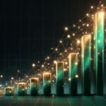 Um gráfico financeiro de barras ascendentes transformando-se em uma rede de conexões digitais, cores em verde esmeralda e dourado, transmitindo crescimento e rentabilidade sólida.