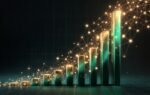 Um gráfico financeiro de barras ascendentes transformando-se em uma rede de conexões digitais, cores em verde esmeralda e dourado, transmitindo crescimento e rentabilidade sólida.
