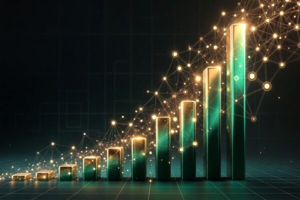 Um gráfico financeiro de barras ascendentes transformando-se em uma rede de conexões digitais, cores em verde esmeralda e dourado, transmitindo crescimento e rentabilidade sólida.