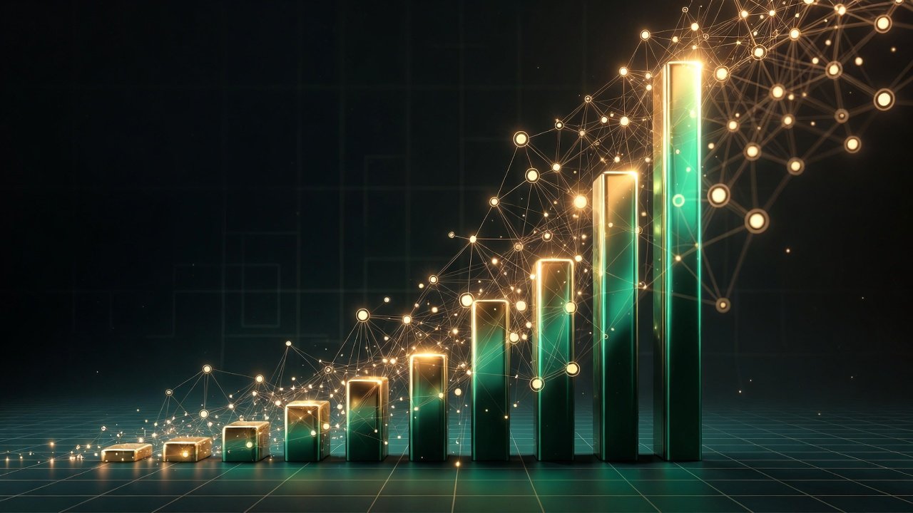 Um gráfico financeiro de barras ascendentes transformando-se em uma rede de conexões digitais, cores em verde esmeralda e dourado, transmitindo crescimento e rentabilidade sólida.