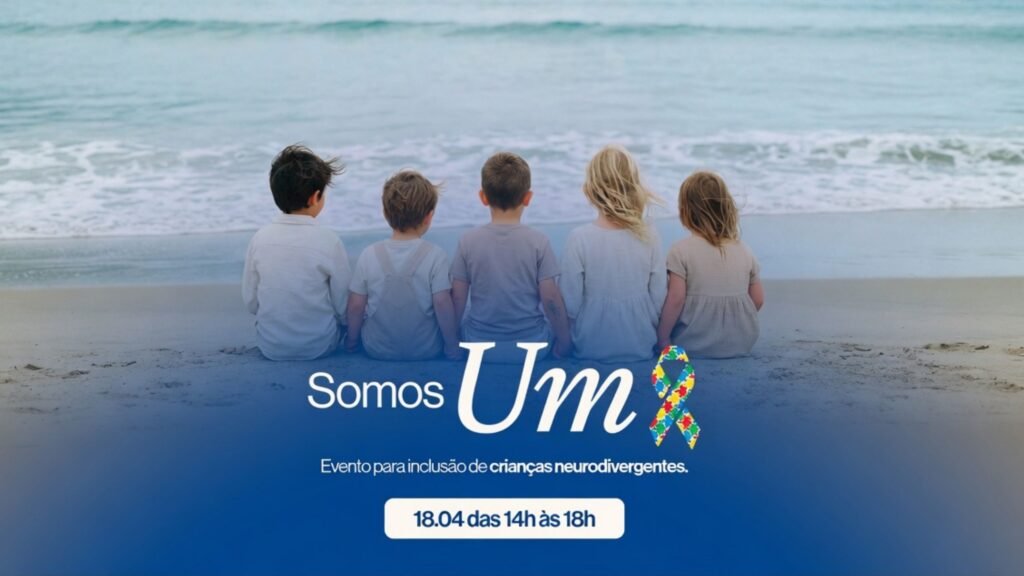 Card de divulgação do evento gratuito de inclusão para famílias atípicas e autismo em Balneário Camboriú, organizado por Junior Claumann com a presença de especialistas da Igreja Alcance.