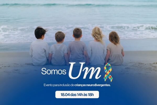 Card de divulgação do evento gratuito de inclusão para famílias atípicas e autismo em Balneário Camboriú, organizado por Junior Claumann com a presença de especialistas da Igreja Alcance.