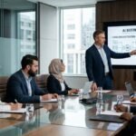 CEO em reunião de conselho administrativo apresentando painel de resultados com Inteligência Artificial. A orquestração da Syngoo é prática e rápida para a tomada de decisão da diretoria e foco em ROI.