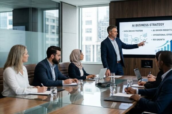 CEO em reunião de conselho administrativo apresentando painel de resultados com Inteligência Artificial. A orquestração da Syngoo é prática e rápida para a tomada de decisão da diretoria e foco em ROI.