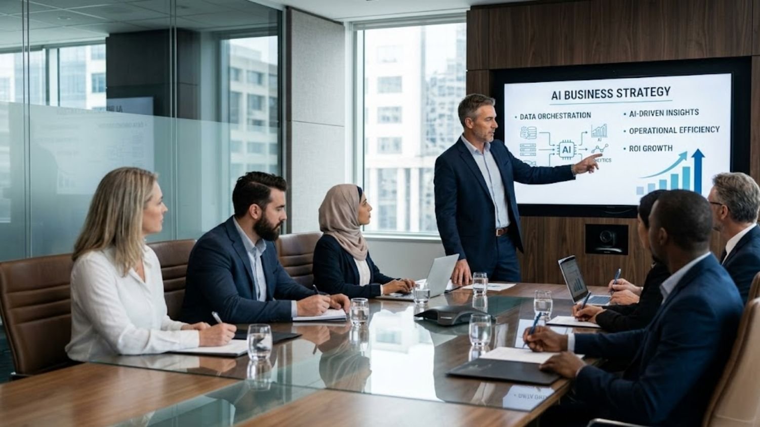 CEO em reunião de conselho administrativo apresentando painel de resultados com Inteligência Artificial. A orquestração da Syngoo é prática e rápida para a tomada de decisão da diretoria e foco em ROI.