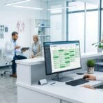 Recepcionista de clínica médica moderna gerenciando uma agenda otimizada em um painel digital. A orquestração da Syngoo é prática para reduzir o no-show e evitar cadeiras vazias no setor de saúde.