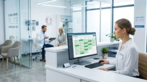 Recepcionista de clínica médica moderna gerenciando uma agenda otimizada em um painel digital. A orquestração da Syngoo é prática para reduzir o no-show e evitar cadeiras vazias no setor de saúde.