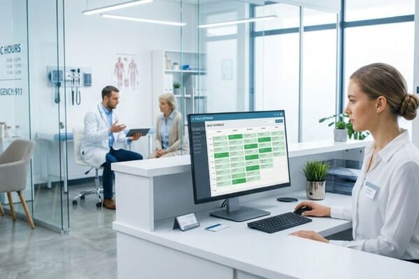 Recepcionista de clínica médica moderna gerenciando uma agenda otimizada em um painel digital. A orquestração da Syngoo é prática para reduzir o no-show e evitar cadeiras vazias no setor de saúde.