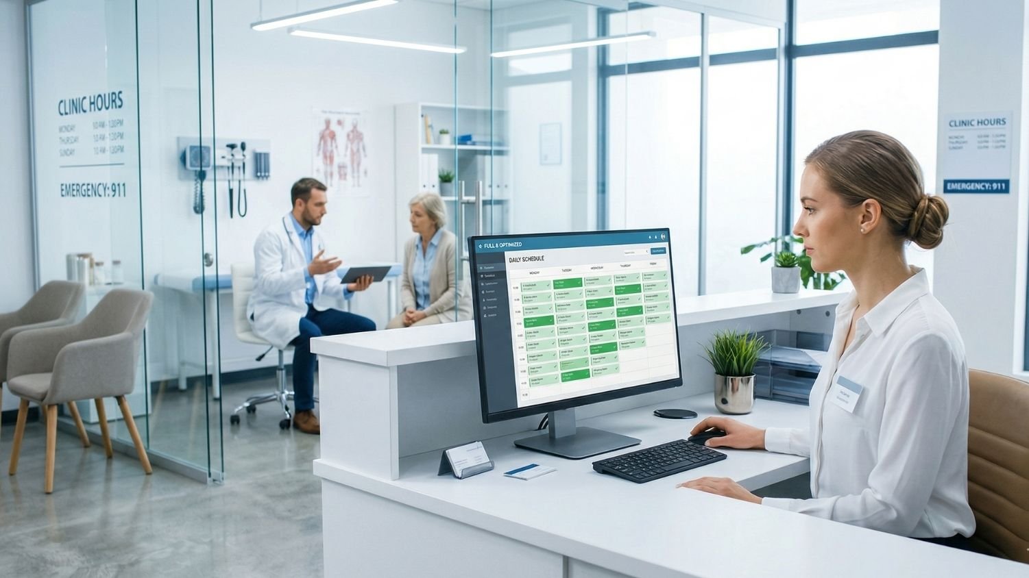 Recepcionista de clínica médica moderna gerenciando uma agenda otimizada em um painel digital. A orquestração da Syngoo é prática para reduzir o no-show e evitar cadeiras vazias no setor de saúde.