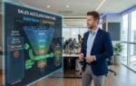 Diretor comercial em escritório moderno analisando um painel digital com gráficos de conversão de vendas e score de leads. A orquestração da Syngoo é prática para recuperar carrinhos abandonados no e-commerce.