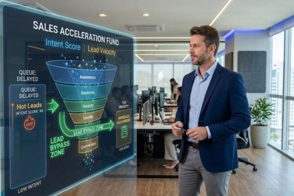 Diretor comercial em escritório moderno analisando um painel digital com gráficos de conversão de vendas e score de leads. A orquestração da Syngoo é prática para recuperar carrinhos abandonados no e-commerce.