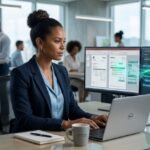 Diretor de operações (COO) em um escritório moderno observando uma tela de computador que processa múltiplos documentos em PDF e planilhas usando Inteligência Artificial. A orquestração da Syngoo é prática para eliminar o trabalho manual de digitação no backoffice.