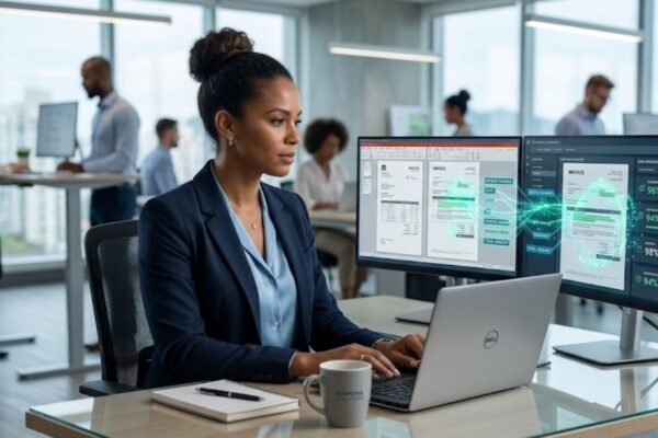 Diretor de operações (COO) em um escritório moderno observando uma tela de computador que processa múltiplos documentos em PDF e planilhas usando Inteligência Artificial. A orquestração da Syngoo é prática para eliminar o trabalho manual de digitação no backoffice.