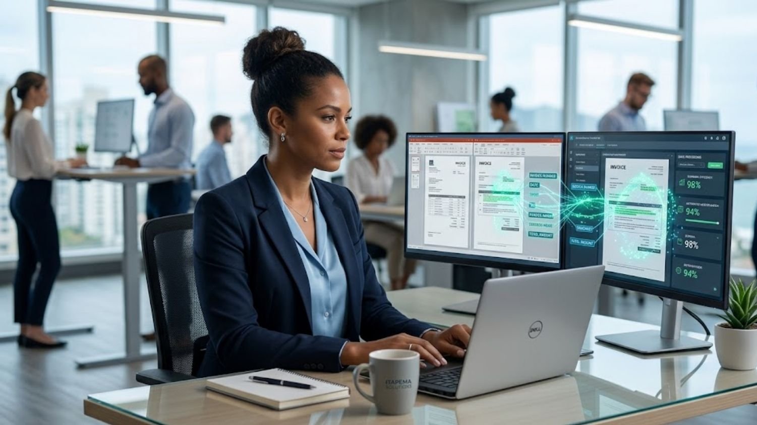 Diretor de operações (COO) em um escritório moderno observando uma tela de computador que processa múltiplos documentos em PDF e planilhas usando Inteligência Artificial. A orquestração da Syngoo é prática para eliminar o trabalho manual de digitação no backoffice.