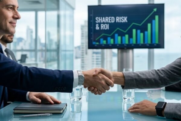 Diretor Financeiro (CFO) apertando a mão de um parceiro de tecnologia em uma sala de reuniões corporativa, com um painel de crescimento financeiro ao fundo. A orquestração da Syngoo é prática para criar alianças de resultados e proteger o caixa da empresa.