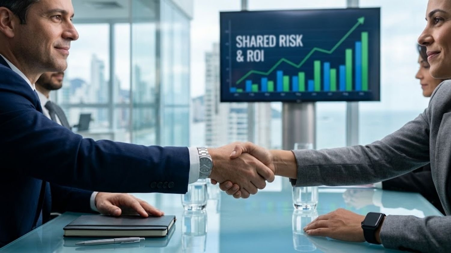 Diretor Financeiro (CFO) apertando a mão de um parceiro de tecnologia em uma sala de reuniões corporativa, com um painel de crescimento financeiro ao fundo. A orquestração da Syngoo é prática para criar alianças de resultados e proteger o caixa da empresa.