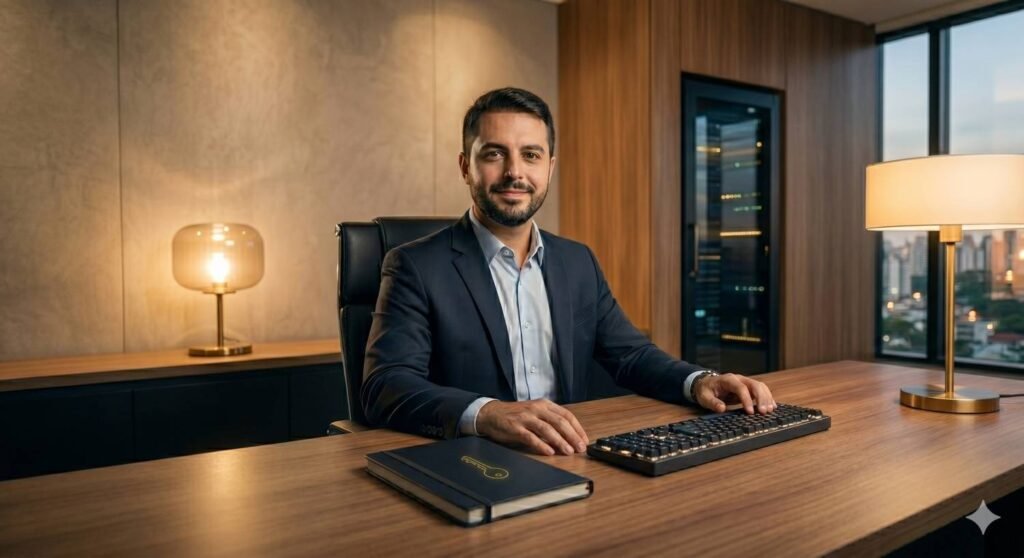 Representação de ambiente executivo de tecnologia focado em arquitetura de dados e soberania digital.