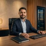 Representação de ambiente executivo de tecnologia focado em arquitetura de dados e soberania digital.