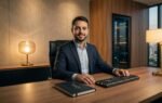 Representação de ambiente executivo de tecnologia focado em arquitetura de dados e soberania digital.