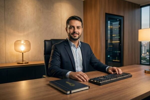Representação de ambiente executivo de tecnologia focado em arquitetura de dados e soberania digital.