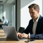 Homem de terno focado trabalhando em um notebook de metal limpo em uma mesa de conferência de madeira em um escritório corporativo moderno e bem iluminado. Colegas trabalham ao fundo.