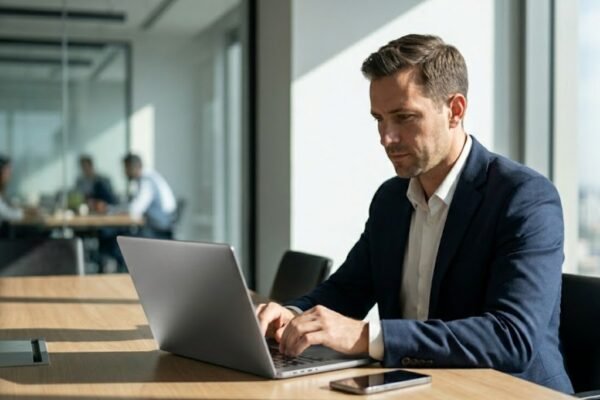 Homem de terno focado trabalhando em um notebook de metal limpo em uma mesa de conferência de madeira em um escritório corporativo moderno e bem iluminado. Colegas trabalham ao fundo.