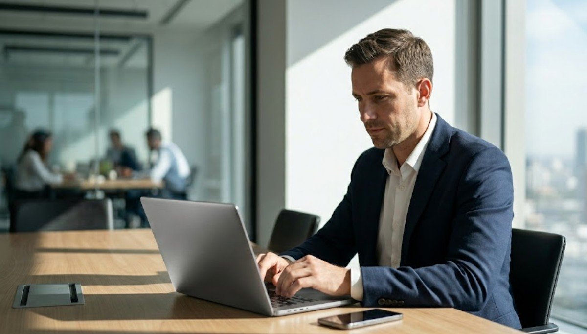 Homem de terno focado trabalhando em um notebook de metal limpo em uma mesa de conferência de madeira em um escritório corporativo moderno e bem iluminado. Colegas trabalham ao fundo.
