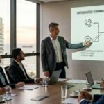 Executivo apresentando a estratégia de integração entre telefonia e WhatsApp utilizando Inteligência Artificial em uma sala de reuniões moderna.