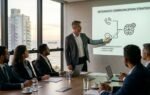 Executivo apresentando a estratégia de integração entre telefonia e WhatsApp utilizando Inteligência Artificial em uma sala de reuniões moderna.