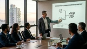 Executivo apresentando a estratégia de integração entre telefonia e WhatsApp utilizando Inteligência Artificial em uma sala de reuniões moderna.