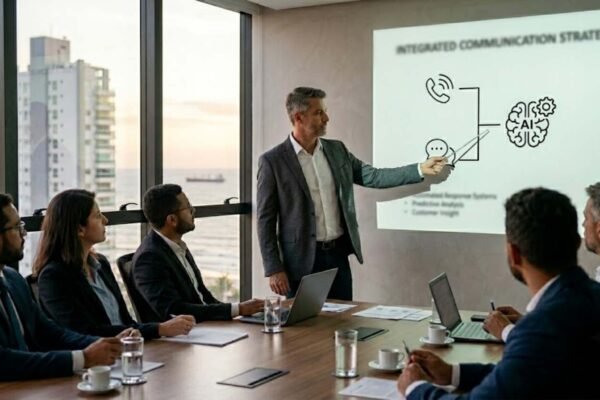Executivo apresentando a estratégia de integração entre telefonia e WhatsApp utilizando Inteligência Artificial em uma sala de reuniões moderna.
